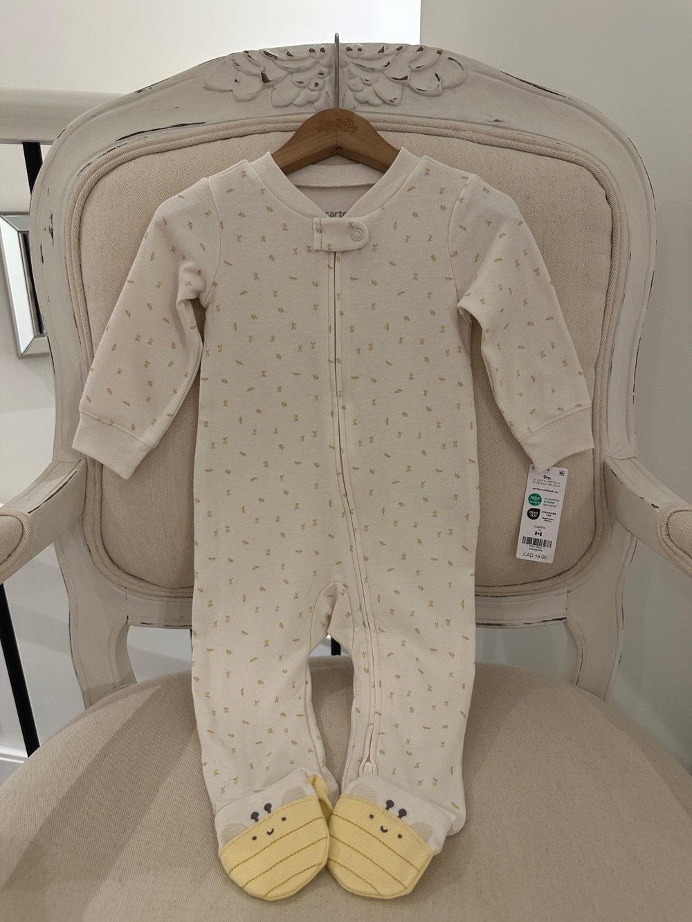 🐝 6 Mth Ivory~Cream and Yellow 100% Cotton Bee Print One-Piece Footie NWT